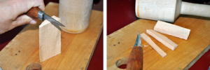 Tvåstegsbild på kniv som spräcker isär en träbit